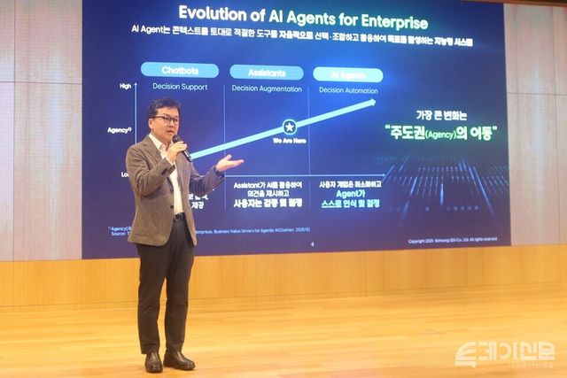 삼성SDS 이준희 대표이사(사장)가 26일 오전 서울 송파구 잠실캠퍼스에서 진행된 삼성SDS ‘생성형 AI 미디어데이’에서 환영사를 말하고 있다. ⓒ투데이신문