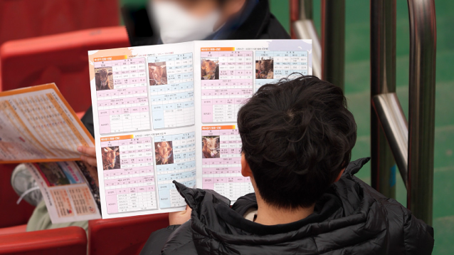 청도 상설경기장에서 한 청소년이 소싸움 대진표를 손에 들고 경기를 관람하고 있다. [사진제공=동물해방물결]<br>