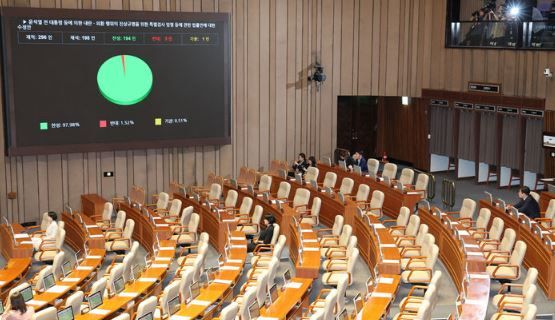 5일 서울 여의도 국회에서 열린 제426회 국회(임시회) 제1차 본회의에서 윤석열 내란 진상규명 특검법 수정안이 통과되고 있다.&nbsp;[사진출처=뉴시스]<br>