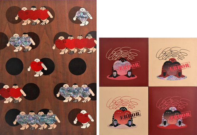 (좌) <ME&WE>, 2024, 목재 위에 옻칠 실크스크린, 자개, 594x841m<br>(우) <ERROR>, 2024, 목재 위에 옻칠 실크스크린, 자개, 636x636mm