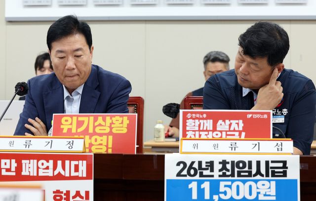 지난 3일 세종시 정부세종청사에서 진행된 최저임금위원회 9차 전원회의에 류기정 사용자위원과 류기섭 근로자위원이 자리해 있다. [사진제공=뉴시스]<br>