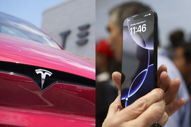 테슬라 ‘모델 X’ SUV와 애플 신제품 ‘아이폰16’ [사진=AP/뉴시스]