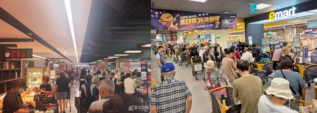 사진 왼쪽은 롯데마트 그랑그로서리 구리점 매장 내부 모습. 오른쪽은 지난 7월 29일 이마트 용산점에서 할인행사인 고래잇페스타가 진행 중인 모습.[사진=ⓒ투데이신문, 이마트]
