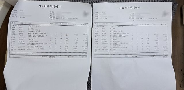 이씨의 급성통증 등이 담긴 진료비 세부내역서. [사진제공=본인]