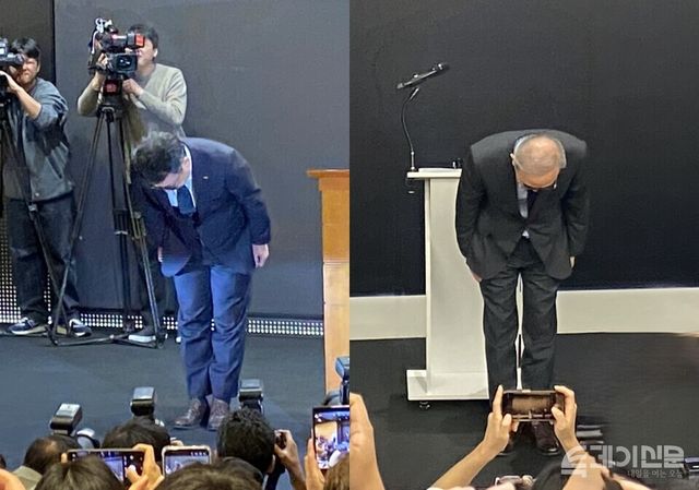 지난 4월 SK텔레콤 유영상 대표와 이달 11일 KT 김영섭 대표가 각각 보안 사고에 대해 고개 숙여 사과를 하고 있다. ⓒ투데이신문