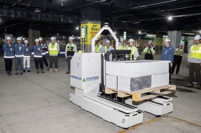 삼성물산 건설부문과 현대건설 관계자가 지난해 9월 ‘스마트 자재 운반 로봇’ 실증 시연회를 진행하고 있다. [사진=삼성물산]