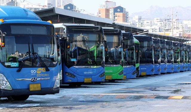 서울 시내버스 노조가 총파업에 돌입한 지난 13일 서울의 한 공영차고지에 운행을 멈춘 시내버스들이 주차돼 있다. [사진제공=뉴시스]<br>