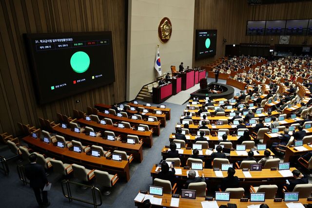 29일 오후 서울 여의도 국회에서 진행된 본회의에서 학교급식법 일부개정법률안(대안)이 통과되고 있는 모습. [사진제공=뉴시스]