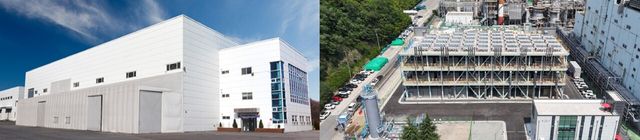 롯데엔지니어링플라스틱 제1공장(왼쪽)과&nbsp;롯데SK에너루트 수소연료전지 발전소 모습. [사진=롯데케미칼]<br>