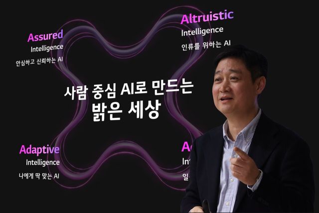 지난해 열린 MWC25에서 LG유플러스의 AX 전략을 소개하고 있는 홍범식 CEO의 모습. [사진=LG유플러스]