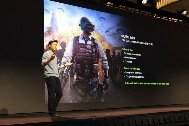 지난해 1월 미국 라스베이거스 퐁텐블로 호텔에서 크래프톤 이강욱 딥러닝본부장이 엔비디아와 개발한 AI 협업 모델 ‘CPC’를 발표하고 있다. [사진=크래프톤]