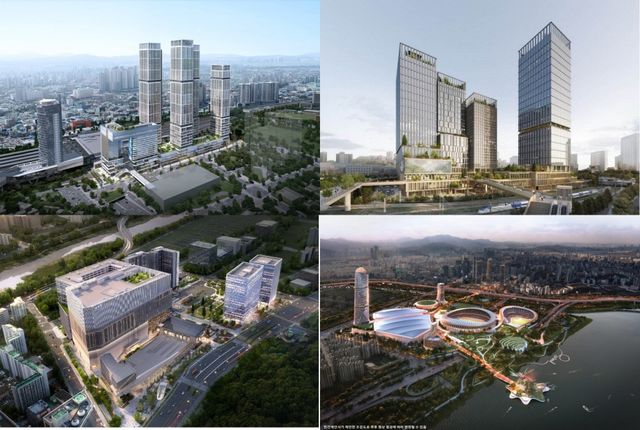 왼쪽 상단부터 시계방향으로 서울역 북부역세권 개발사업, 수서역 환승센터 건립사업, 잠실 스포츠·MICE 복합개발, 대전역세권 개발사업 조감도. [사진=한화 건설부문]