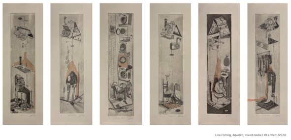 (왼쪽부터)&nbsp;아, 목말라..2, 그래도 안아줘, 나의 집은 어디일까..?, 아, 목말라.1, 물씨, 아, 목말라…3 /&nbsp;판화지에 에칭, 아쿼틴트, 미디움, 18 x 49cm, 2025