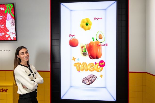 삼성전자 모델이 3D 전용 안경 없이도 3D 공간감을 구현한 삼성전자의 차세대 혁신 디스플레이 ‘스페이셜 사이니지’를 소개하고 있다. [사진=삼성전자]