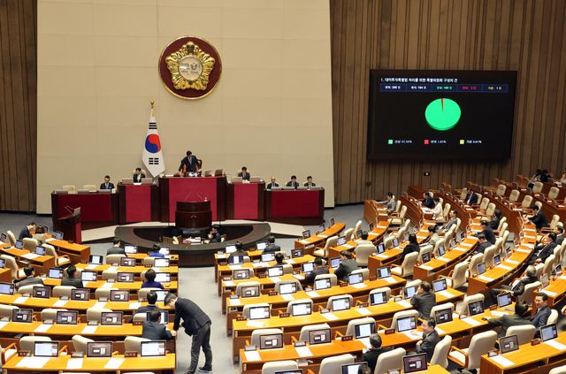 9일 오후 서울 여의도 국회에서 열린 제432회 국회(임시회) 제4차 본회의에서 대미투자특별법 처리를 위한 특별위원회 구성의 건이 가결되고 있다.&nbsp;[사진제공=뉴시스]<br>