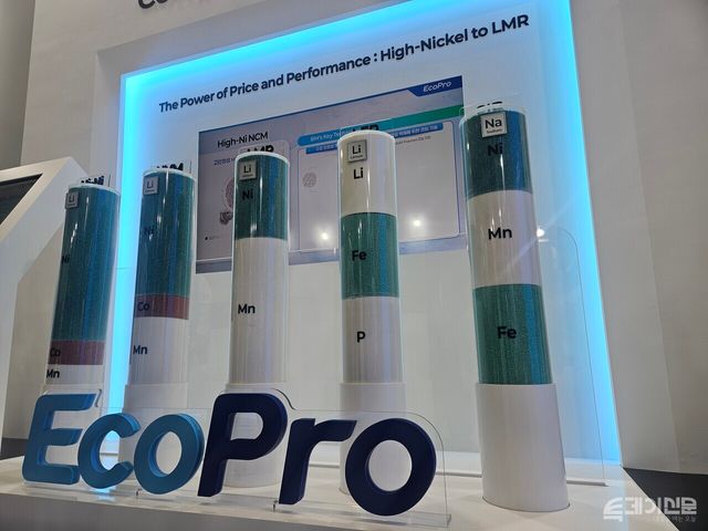 에코프로가 생산 중인 삼원계 양극재 하이니켈(Hi-Ni)·고전압 미드니켈(HVM)·리튬망간리치(LMR)·리튬인산철(LFP)·나트륨이온배터리(SIB) 모형.&nbsp;ⓒ투데이신문<br>