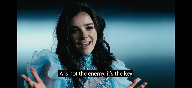 AI 배우 ‘틸리 노우드’가 지난 10일 공개한 뮤직비디오의 한 장면. 해당 영상은 약 22만 조회수를 기록했다. 틸리 노우드가 뮤직비디오에서 AI는 적이 아니라 문제 해결의 열쇠라는 메시지를 전하고 있다. [사진=틸리 노우드 유튜브 갈무리]<br>