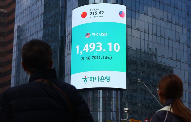 중동 정세 악화로 원·달러 환율이 상승하고 있는 9일 서울 중구 하나은행 본점 외벽 전광판에 환율이 표시돼 있다. [사진=뉴시스]