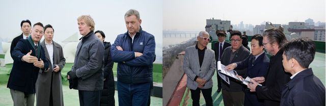 (왼쪽 사진)현대건설 관계자와 RSHP 공동 창립자 이반 하버(앞줄 왼쪽에서 두 번째), RSHP 벤 워너 아시아 총괄(앞줄 왼쪽에서 세 번째)이 지난 2월 4일 압구정5구역 현장을 둘러보고 있다. (오른쪽 사진)DL이앤씨 임직원과 아르카디스 브렛 위긴스 부사장(오른쪽 두 번째)이 지난 3월 17일 압구정5구역을 방문해 설계안을 최종 점검하고 있다.&nbsp;[사진=현대건설, DL이앤씨]
