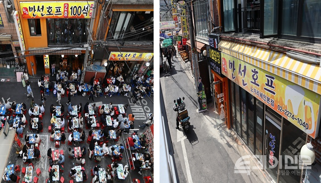 (왼쪽) 거리두기 해제 직후인 2022년 4월 젊은 층의 성지로 떠올랐던 노가리골목이 인산인해를 이루고 있다. [사진제공=뉴시스] (오른쪽) 재개발 공사가 한창인 2026년 4월 16일의 같은 장소. 과거 제조업 노동자들의 쉼터에서 청년들의 ‘힙지로’로 변모했던 골목은 이제 적막감만 감돈다. ⓒ투데이신문