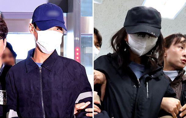 장모를 무차별 폭행해 살해한 뒤 시신을 여행용 가방에 담아 유기한 20대 사위와 친딸이 지난 2일 대구 수성구 대구지방법원에서 진행된 구속 전 피의자 심문(영장실질심사)에 출석하고 있다. [사진제공=뉴시스]