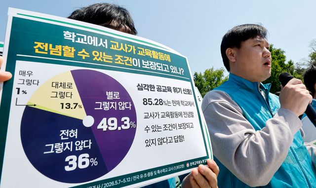 전국교사노동조합원들이 지난 14일 서울 종로구 청와대 사랑채 분수대 앞에서 ‘스승의 날, 감사의 말보다 교육할 수 있는 학교가 필요합니다’ 슬로건을 걸고 관련 기자회견을 진행하고 있다. [사진제공=뉴시스]