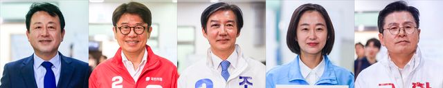 (왼쪽부터) 경기 평택을 국회의원 재보궐선거에 출마하는 김용남 더불어민주당 후보, 유의동 국민의힘 후보, 조국 조국혁신당 후보, 김재연 진보당 후보, 황교안 자유와혁신 후보. [사진제공=뉴시스]