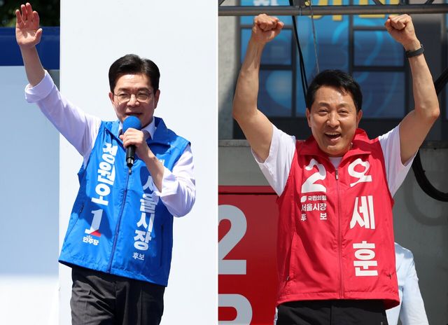 더불어민주당 정원오 서울시장 후보(왼쪽)와 국민의힘 오세훈 서울시장 후보. [사진제공=뉴시스]