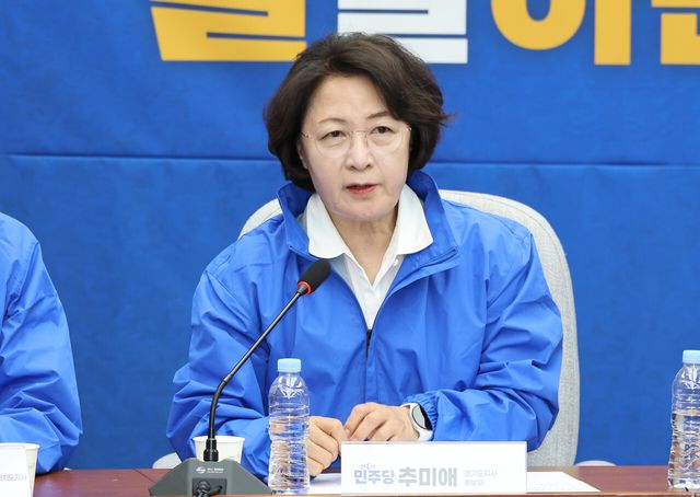 더불어민주당 추미애 경기도지사 후보가 지난 4월 23일 ‘더불어민주당 16개 광역단체장 후보자 연석회의’에서 결의를 밝히고 있다. [사진제공=뉴시스]