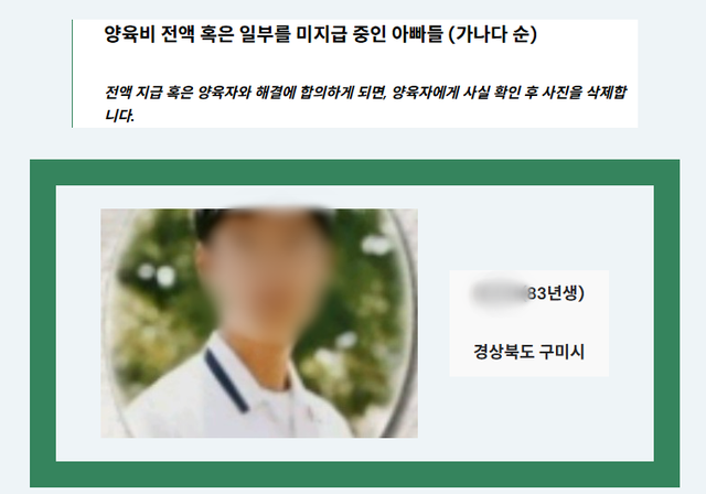 양육비해결하는사람들 누리집에서 확인 가능한 양육비 미지급 아빠. 얼굴과 이름, 거주 지역이 명시돼 있다. 코피노와 무관. [사진=양육비해결하는사람들 누리집 갈무리]<br>