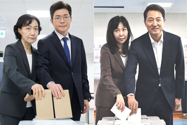정원오(왼쪽) 더불어민주당 서울시장 후보 내외와 오세훈 국민의힘 서울시장 후보 내외가 5월 29일 서울 중구 소공동행정복합청사에 마련된 사전투표소와 용산구 한남동 주민센터에 마련된 사전투표소에서 각각 소중한 한표를 행사하고 있다. [사진제공=뉴시스]