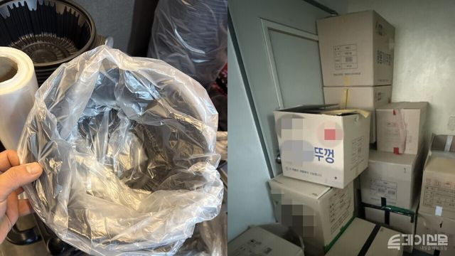 서울 시내 한 음식점에서 사용하는 탕용기(왼쪽)과 쌓여있는 배달 용기 박스. ⓒ투데이신문