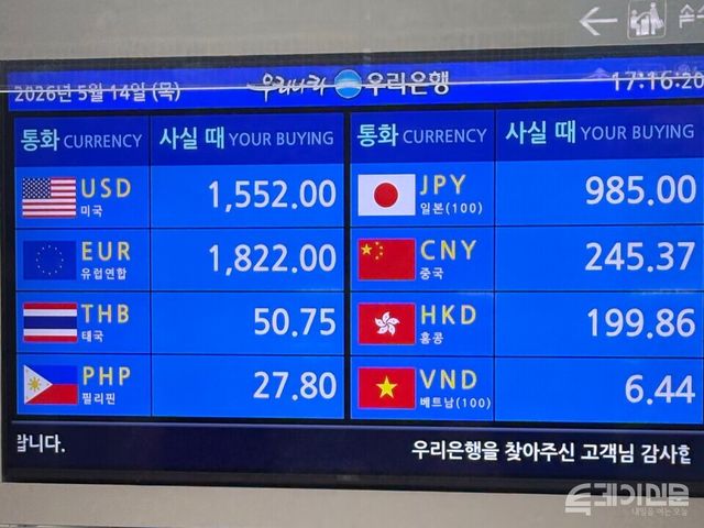 지난 5월 14일 인천공항 한 환전소 전광판 ⓒ투데이신문
