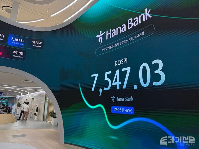 코스피가 거래일 대비 1.43% 하락한 7547.03포인트로 개장했다. 사진은 하나은행 딜링룸 전경. ⓒ투데이신문