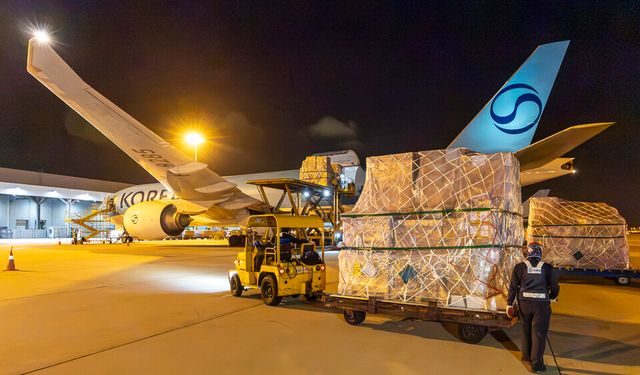 지난달 30일 인천국제공항 대한항공 화물터미널에서 관계자들이 삼성전자와 SK하이닉스의 반도체를 항공기에 적재하고 있다. [사진=뉴시스]