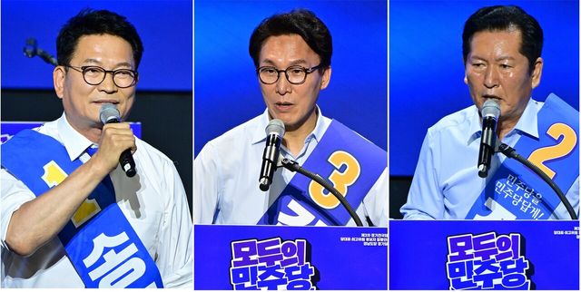 송영길(왼쪽부터), 김민석, 정청래 더불어민주당 당대표 후보가 2일 오후 경남 창원대학교 종합교육관 이룸홀에서 열린 더불어민주당 당대표·최고위원 합동연설회에서 각각 정견 발표를 하고 있다. 사진은 정견발표 순번. [사진제공=뉴시스]