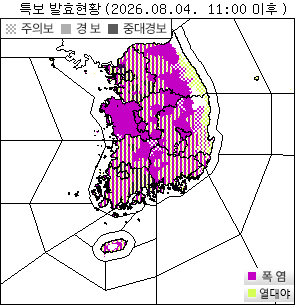 4일 오전 11시 발효 예정인 폭염 특보 분포를 나타낸 한반도 지도.