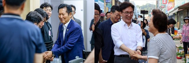 정청래, 김민석 더불어민주당 당대표 후보가 5일 서울과 전북 군산에서 각각 일정을 하고 있다. [사진제공=뉴시스]