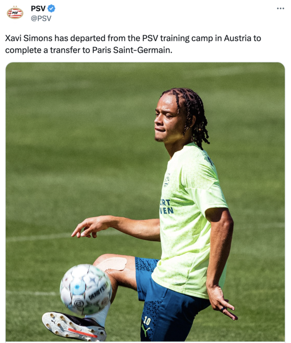 사비 시몬스. PSV에인트호벤 홈페이지 캡처