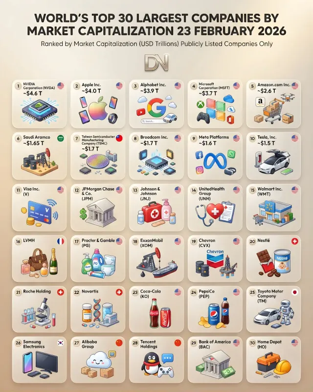 2026 2월, 시가총액 기준 세계 최대 기업 TOP 30