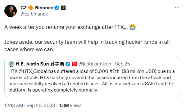 자오 창펑 최고경영자는 HTX 해킹 사태에 바이낸스가 보안 지원을 하겠다는 뜻을 밝혔다(사진=트위터/ 자오 창펑)