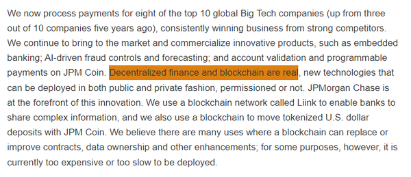 제이미 다이먼 최고경영자는 '탈중앙화 금융과 블록체인은 진짜'라고 언급한 바 있다(사진=제이피모건 최고경영자 주주서한)