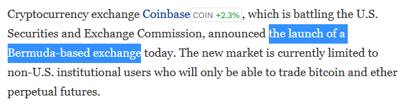 포브스는 코인베이스가 버뮤다에 비 미국인 기관투자자를 위한 무기한 비트코인 선물 거래가 가능한 거래소를 설립했다고 밝혔다(사진=포브스)