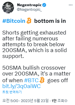 글래스노드 공동창업자가 비트코인 일봉 추세를 기반으로 골드크로스 현상이 발생해 시세가 반등할 수 있다고 전했다(사진=트위터/ 네겐트로픽)