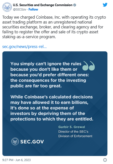 증권거래위원회는 지난 6월 6일(현지시간) 코인베이스를 기소했다(사진=트위터/ 증권거래위원회)