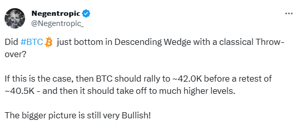 글래스노드 공동&nbsp;설립자는&nbsp;하락쐐기형(폴링&nbsp;웻지)&nbsp;차트를 언급하며&nbsp;비트코인이&nbsp;시세&nbsp;차트에서&nbsp;큰&nbsp;폭의&nbsp;상승으로&nbsp;이어질&nbsp;수&nbsp;있는&nbsp;강세&nbsp;패턴을&nbsp;보이는&nbsp;중이라고&nbsp;전했다(사진=엑스/ 니겐트로픽)