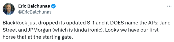 에릭 발추나스 블룸버그 분석가에 따르면 블랙록은&nbsp;비트코인 현물 상장지수펀드 지정참가회사로 제이피모건(J.P.Morgan)과 제인스트리트(Jane Street)를 지정했다(사진=트위터/ 에릭 발추나스)
