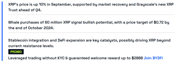 비인크립토는 리플 가상화폐 시세가 최근 미국 자산운용사의 투자 신탁 발행과 스테이블코인 출시 계획에 상승 중이라고 분석했다(사진=비인크립토)