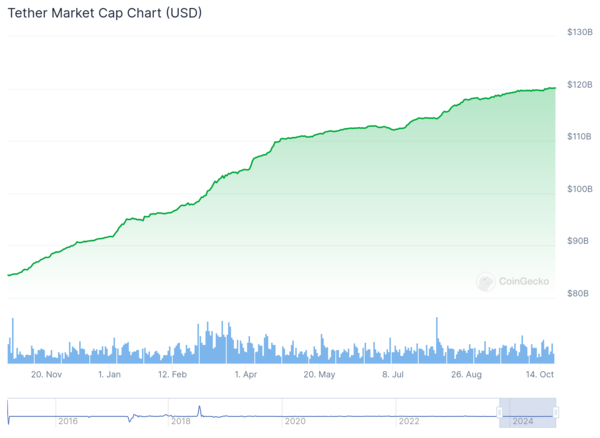 최근 일 년&nbsp;‘테더’ 시가총액 변화 추이(사진=코인게코)
