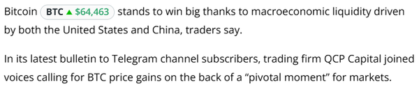 중국 중앙은행의 현지 은행 지급준비율 삭감 소식에 비트코인 시장에서는 낙관론이 펼쳐지는 중인 것으로 확인됐다(사진=코인텔레그래프)